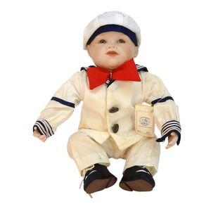 Vintage Porcelain Sailor Doll Boy Red Bow White Blue Outfit Collectible